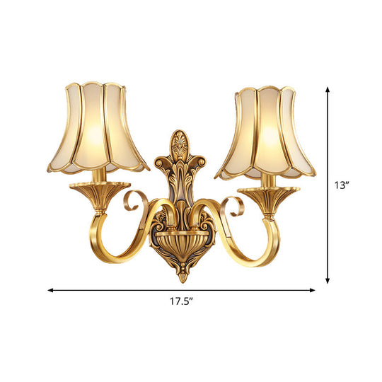 Colonial Style Wall Mount Brass Gold Sconce With Scrolled Arm And Bulbs