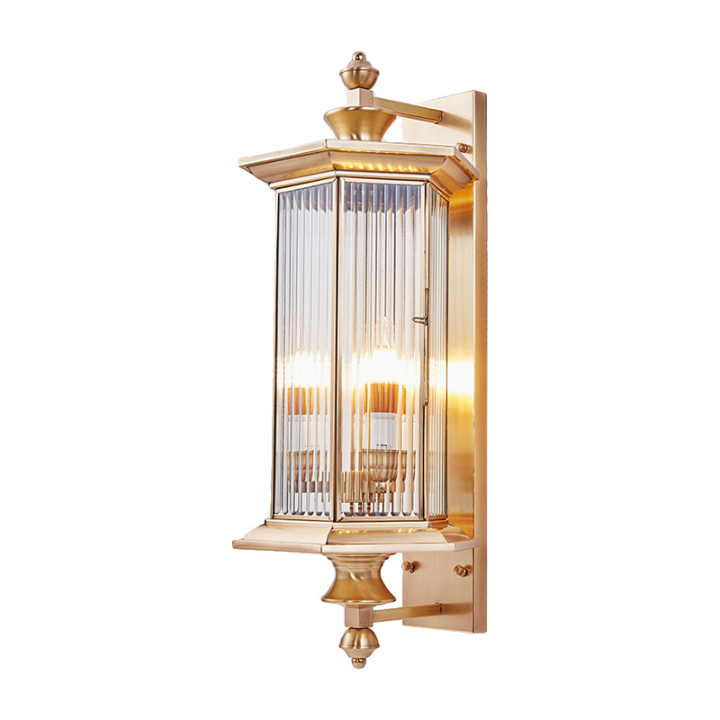 Vintage Glass Wall Lantern Sconce With Faceted Ribbed Panels - Clear/Tan 1 Bulb