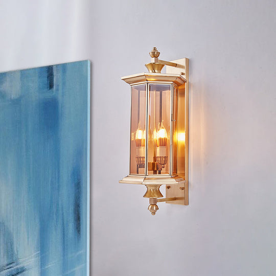 Vintage Glass Wall Lantern Sconce With Faceted Ribbed Panels - Clear/Tan 1 Bulb