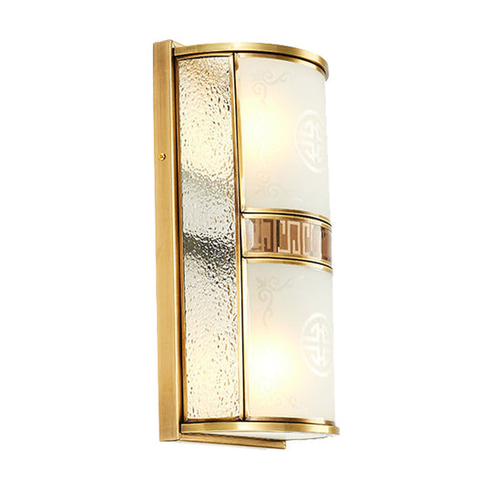 Vintage Half Cylinder Wall Lamp - 8/10 Width 4/2-Light Sconce With Printed Glass And Gold Backplate