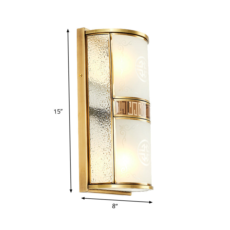 Vintage Half Cylinder Wall Lamp - 8/10 Width 4/2-Light Sconce With Printed Glass And Gold Backplate