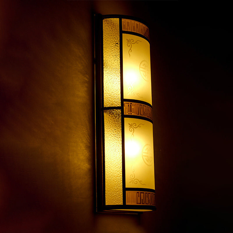 Vintage Half Cylinder Wall Lamp - 8/10 Width 4/2-Light Sconce With Printed Glass And Gold Backplate