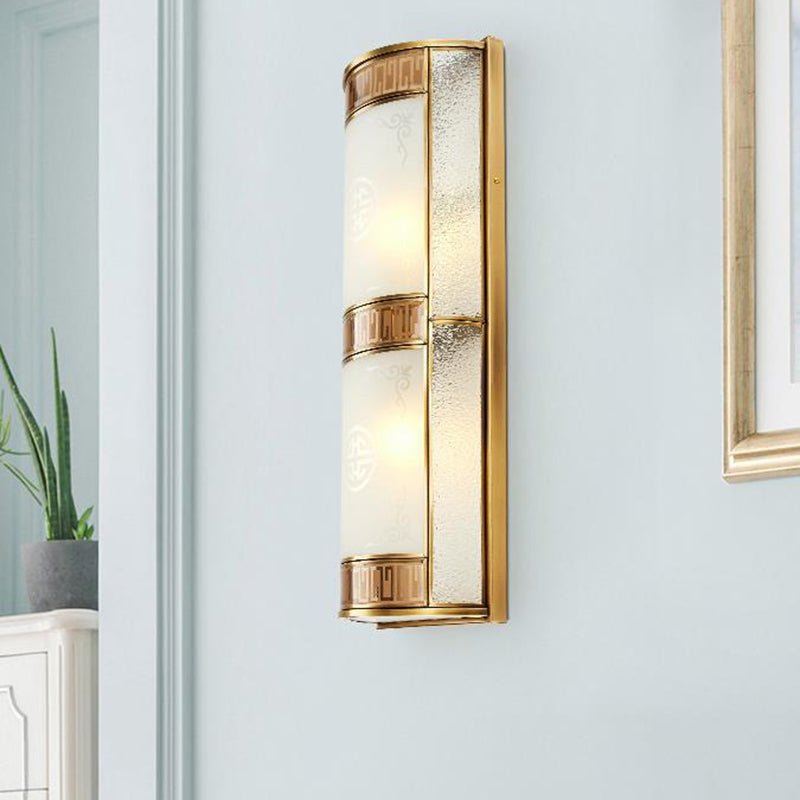 Vintage Half Cylinder Wall Lamp - 8/10 Width 4/2-Light Sconce With Printed Glass And Gold Backplate