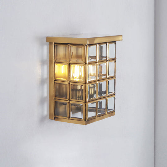 Gold Colonial Grid Flush Wall Sconce - Clear Glass Outdoor 2-Light Mount