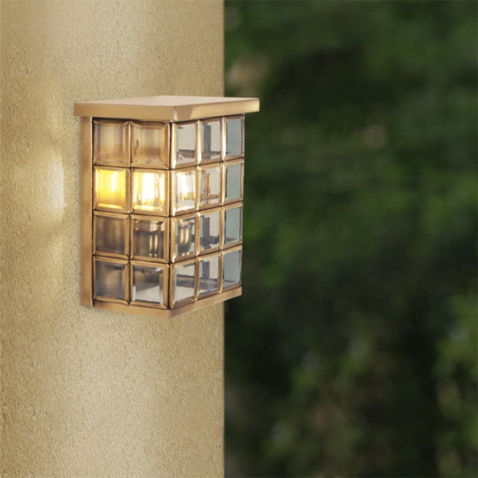 Gold Colonial Grid Flush Wall Sconce - Clear Glass Outdoor 2-Light Mount