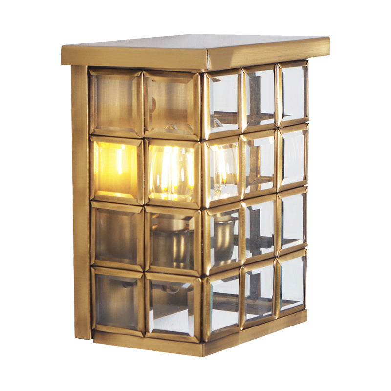 Gold Colonial Grid Flush Wall Sconce - Clear Glass Outdoor 2-Light Mount