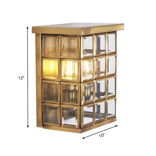 Gold Colonial Grid Flush Wall Sconce - Clear Glass Outdoor 2-Light Mount