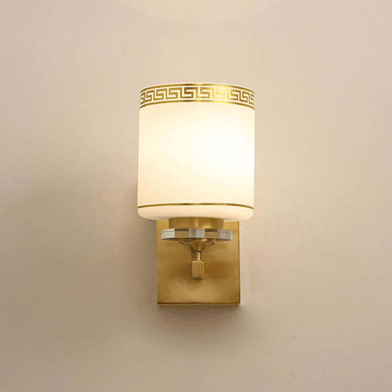 Opal Frosted Glass Wall Sconce In Gold Traditional Swastika Design