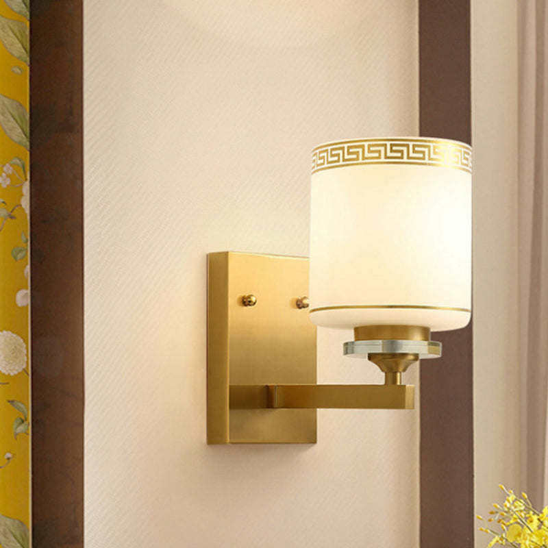 Opal Frosted Glass Wall Sconce In Gold Traditional Swastika Design