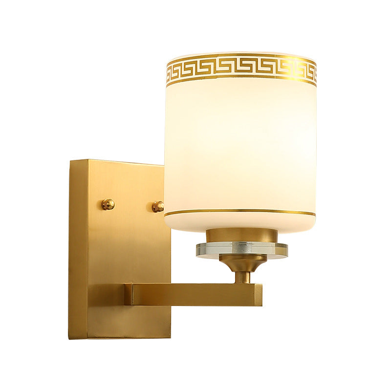 Opal Frosted Glass Wall Sconce In Gold Traditional Swastika Design