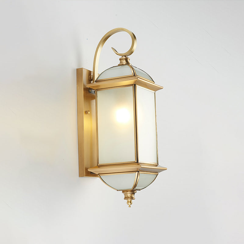 Golden Brass Curly Arm Wall Sconce With Frosted Glass Shade - Outdoor Lantern Gold