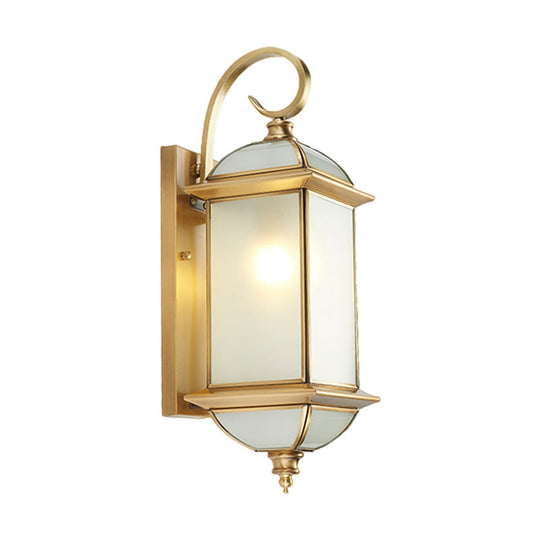 Golden Brass Curly Arm Wall Sconce With Frosted Glass Shade - Outdoor Lantern