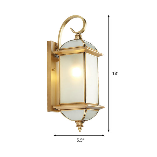 Golden Brass Curly Arm Wall Sconce With Frosted Glass Shade - Outdoor Lantern