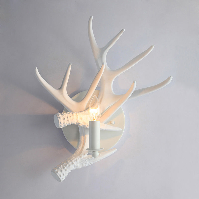 Classic Single Bulb Indoor Wall Lamp With Antler: Candle Resin Sconce Lighting White