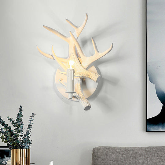 Classic Single Bulb Indoor Wall Lamp With Antler: Candle Resin Sconce Lighting