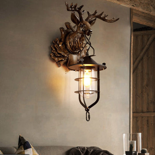 Country Dark Wood Resin Wall Lamp With Cage For Living Room - Elk Sconce Light Fixture