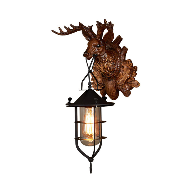 Country Dark Wood Resin Wall Lamp With Cage For Living Room - Elk Sconce Light Fixture