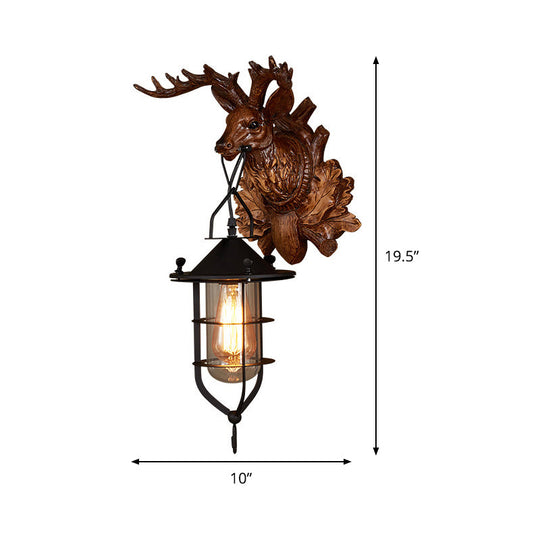 Country Dark Wood Resin Wall Lamp With Cage For Living Room - Elk Sconce Light Fixture