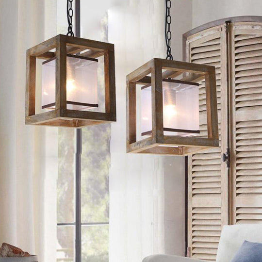 Square Living Room Hanging Light Kit - Traditional Wood Brown Pendant Lighting With Fabric Shade