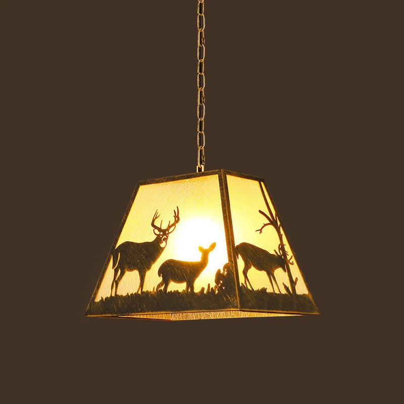 Rustic Trapezoid Pendant Lamp - 1 Light Metal Fixture In Brown With Elk Pattern Perfect For