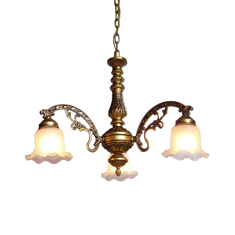 Scalloped Shade Brass Ceiling Chandelier With Frosted Textured Glass - Perfect For Dining Rooms 3/6