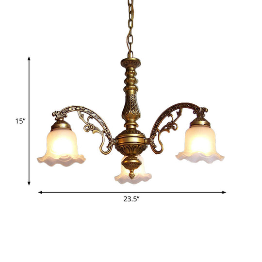 Scalloped Shade Brass Ceiling Chandelier With Frosted Textured Glass - Perfect For Dining Rooms 3/6