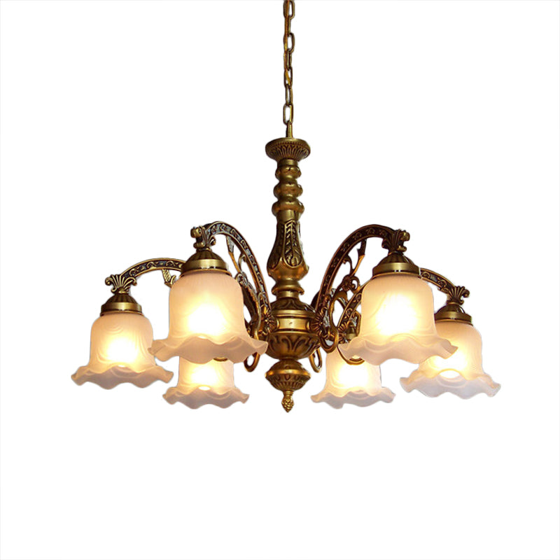 Scalloped Shade Brass Ceiling Chandelier With Frosted Textured Glass - Perfect For Dining Rooms 3/6