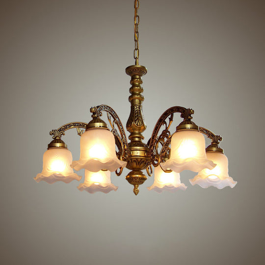 Scalloped Shade Brass Ceiling Chandelier With Frosted Textured Glass - Perfect For Dining Rooms 3/6