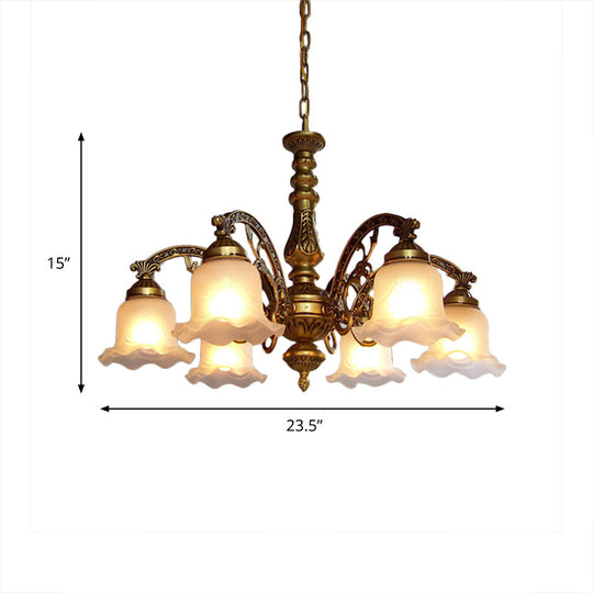 Scalloped Shade Brass Ceiling Chandelier With Frosted Textured Glass - Perfect For Dining Rooms 3/6