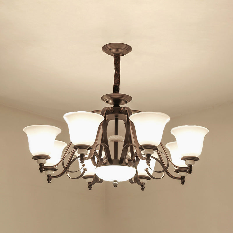 Traditional White Glass Chandelier Lamp With Dark Coffee Bell Shades - 3/6/8 Lights For Living Room