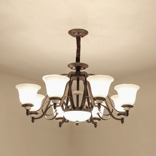 Traditional White Glass Chandelier Lamp With Dark Coffee Bell Shades - 3/6/8 Lights For Living Room