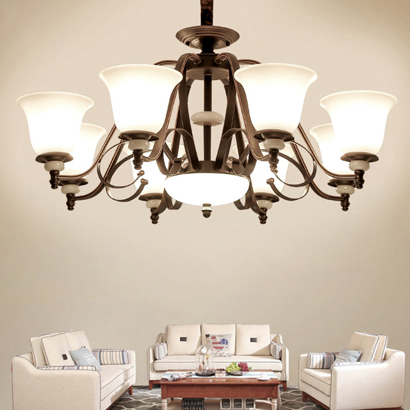 Traditional White Glass Chandelier Lamp With Dark Coffee Bell Shades - 3/6/8 Lights For Living Room