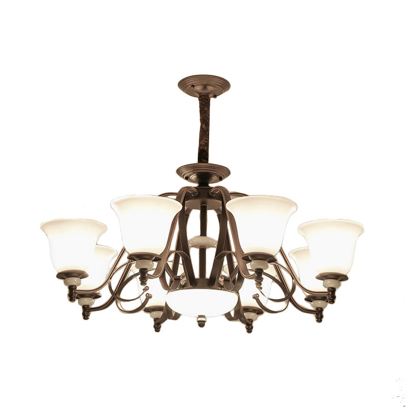 Traditional White Glass Chandelier Lamp With Dark Coffee Bell Shades - 3/6/8 Lights For Living Room