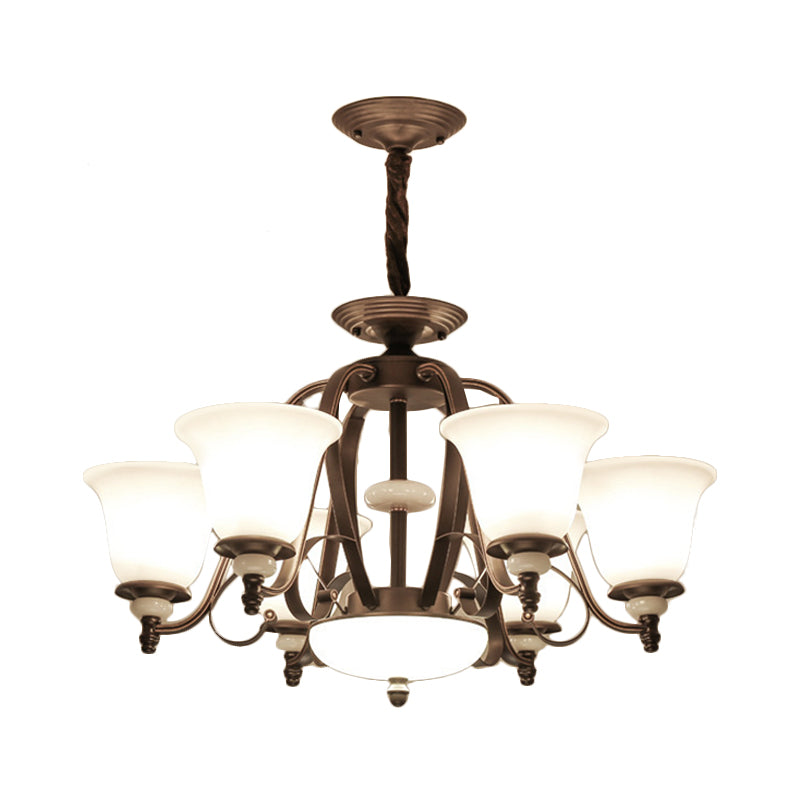 Traditional White Glass Chandelier Lamp With Dark Coffee Bell Shades - 3/6/8 Lights For Living Room