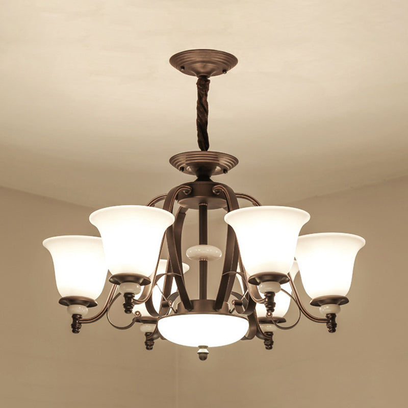 Traditional White Glass Chandelier Lamp With Dark Coffee Bell Shades - 3/6/8 Lights For Living Room