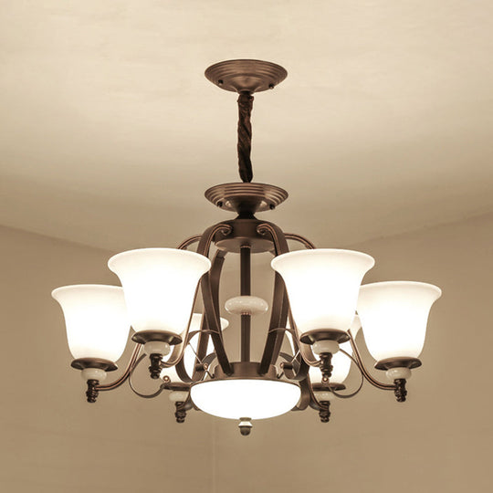 Traditional White Glass Chandelier Lamp With Dark Coffee Bell Shades - 3/6/8 Lights For Living Room