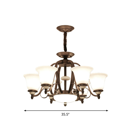 Traditional White Glass Chandelier Lamp With Dark Coffee Bell Shades - 3/6/8 Lights For Living Room