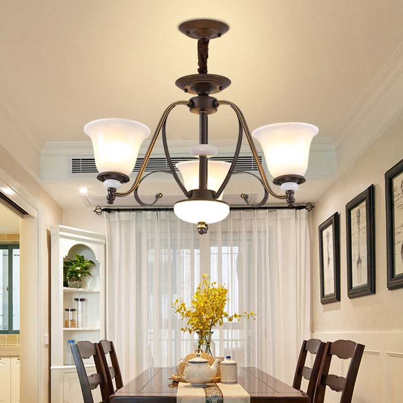 Traditional White Glass Chandelier Lamp With Dark Coffee Bell Shades - 3/6/8 Lights For Living Room