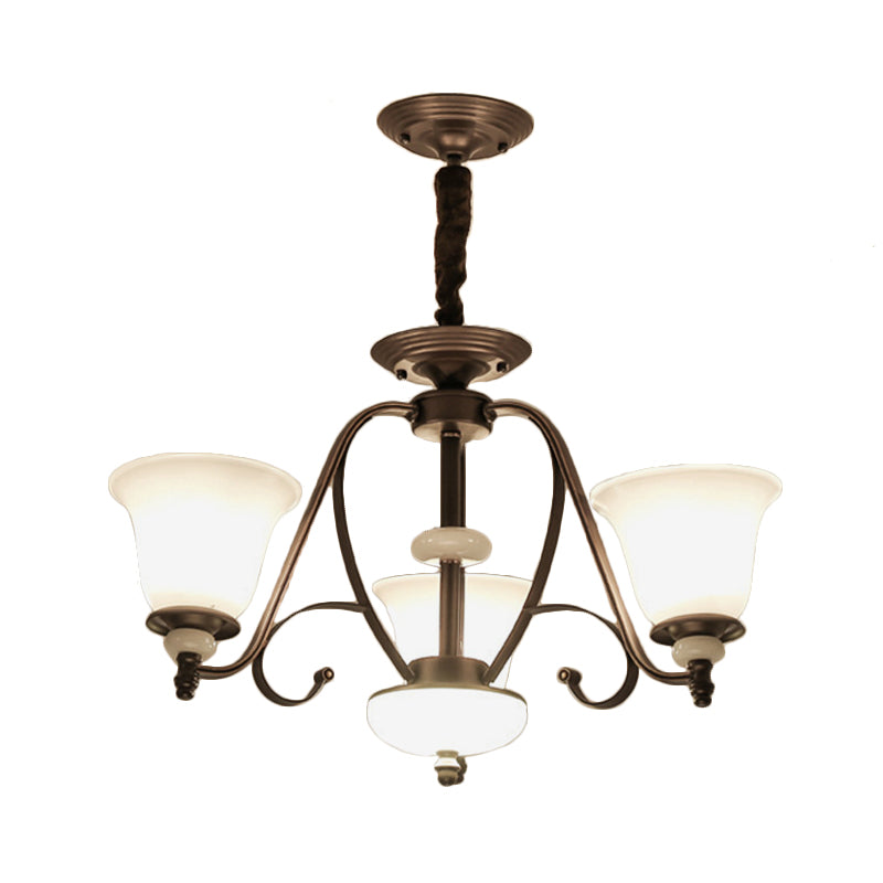 Traditional White Glass Chandelier Lamp With Dark Coffee Bell Shades - 3/6/8 Lights For Living Room