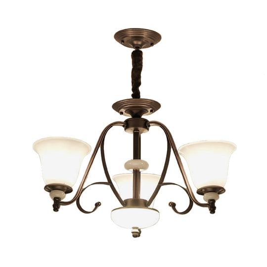 Traditional White Glass Chandelier Lamp With Dark Coffee Bell Shades - 3/6/8 Lights For Living Room