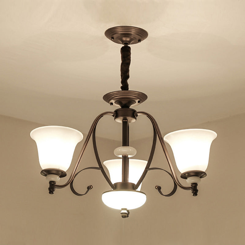 Traditional White Glass Chandelier Lamp With Dark Coffee Bell Shades - 3/6/8 Lights For Living Room