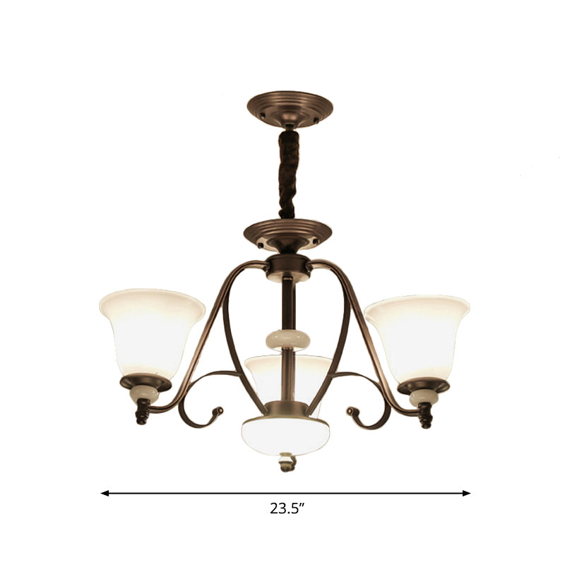 Traditional White Glass Chandelier Lamp With Dark Coffee Bell Shades - 3/6/8 Lights For Living Room