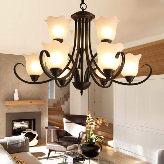 Flower-Shaped Opal Glass Pendant Lamp: Black 9-Light Classic Chandelier For Living Room