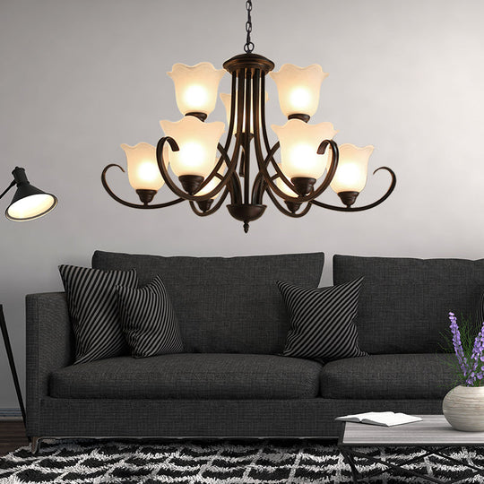 Flower-Shaped Opal Glass Pendant Lamp: Black 9-Light Classic Chandelier For Living Room