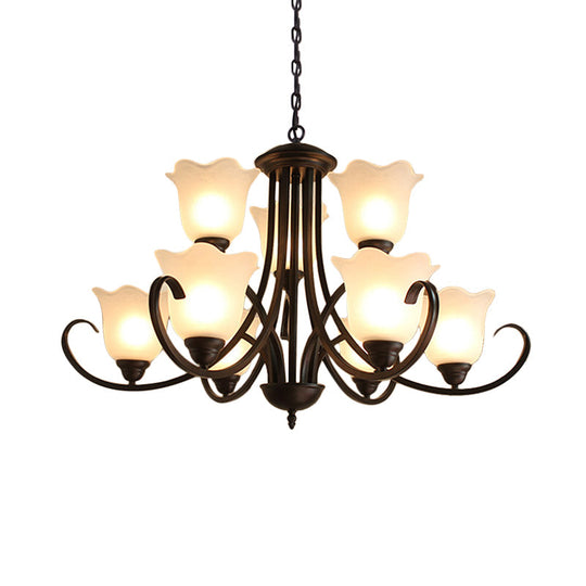 Flower-Shaped Opal Glass Pendant Lamp: Black 9-Light Classic Chandelier For Living Room