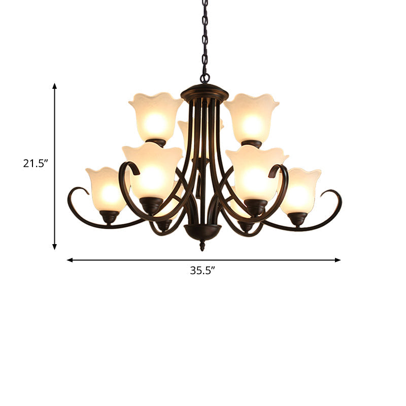 Flower-Shaped Opal Glass Pendant Lamp: Black 9-Light Classic Chandelier For Living Room