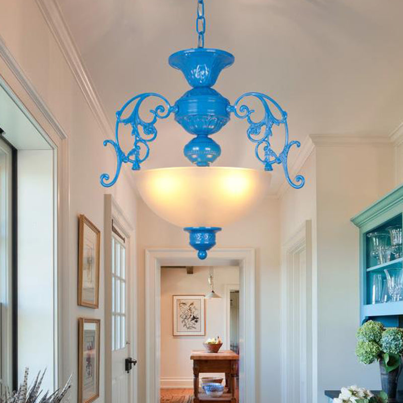 Blue Bowl Chandelier Lamp - Classic Metal Style 3 Lights For Living Room