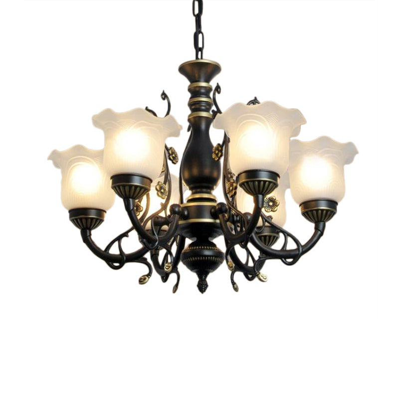 Frosted Textured Glass Hanging Chandelier - Traditional Flared Pendant Light In Black/White (3/5/6