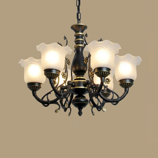 Frosted Textured Glass Hanging Chandelier - Traditional Flared Pendant Light In Black/White (3/5/6