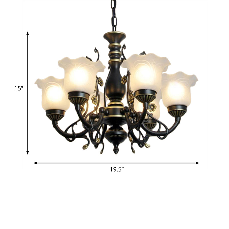 Frosted Textured Glass Hanging Chandelier - Traditional Flared Pendant Light In Black/White (3/5/6